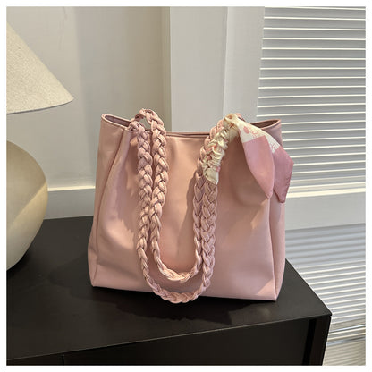 Women Fashionable Large Capacity Silk Scarf Handle Decorative PU Tote Bag