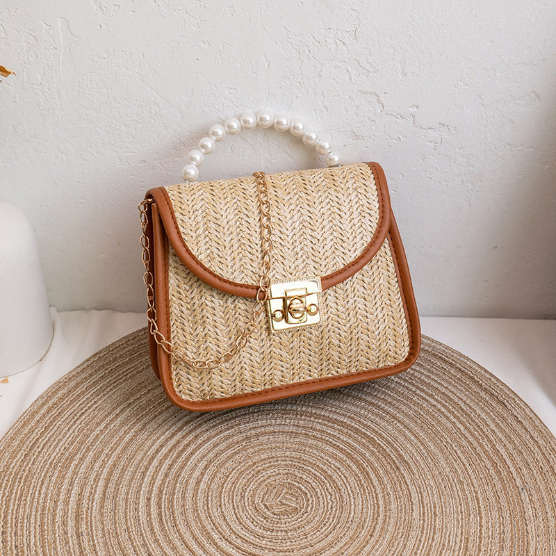 Sac à bandoulière décontracté à rabat avec chaîne et boucle en métal tissée de perles pour femme 