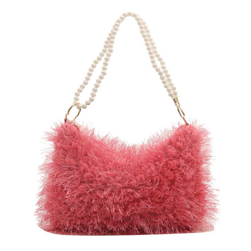 Fashion Solid Color Plush Pearl Chain Shoulder Bag