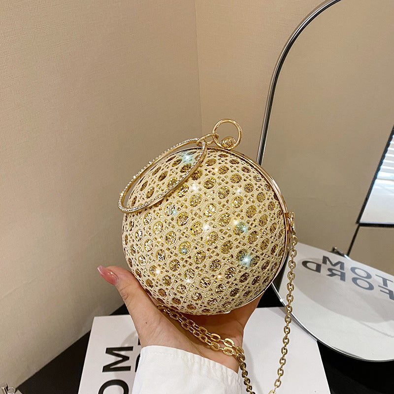 Women Fashion Elegant Round Sequin Hollow Handle Clip Chain Shoulder Evening Mini Bag