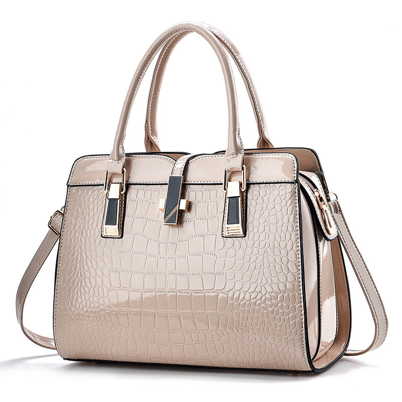 Women Fashion Bright Leather Large Capacity Crocodile Print Square Handbag