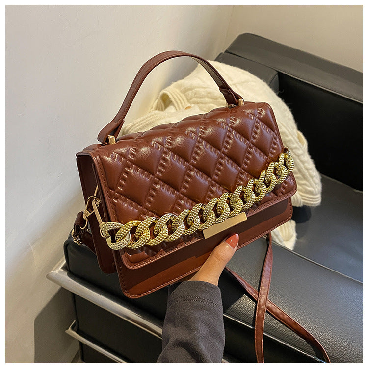 Women Fashion Thick Chain Rhombus Stitching Design Solid Color PU Crossbody Bag
