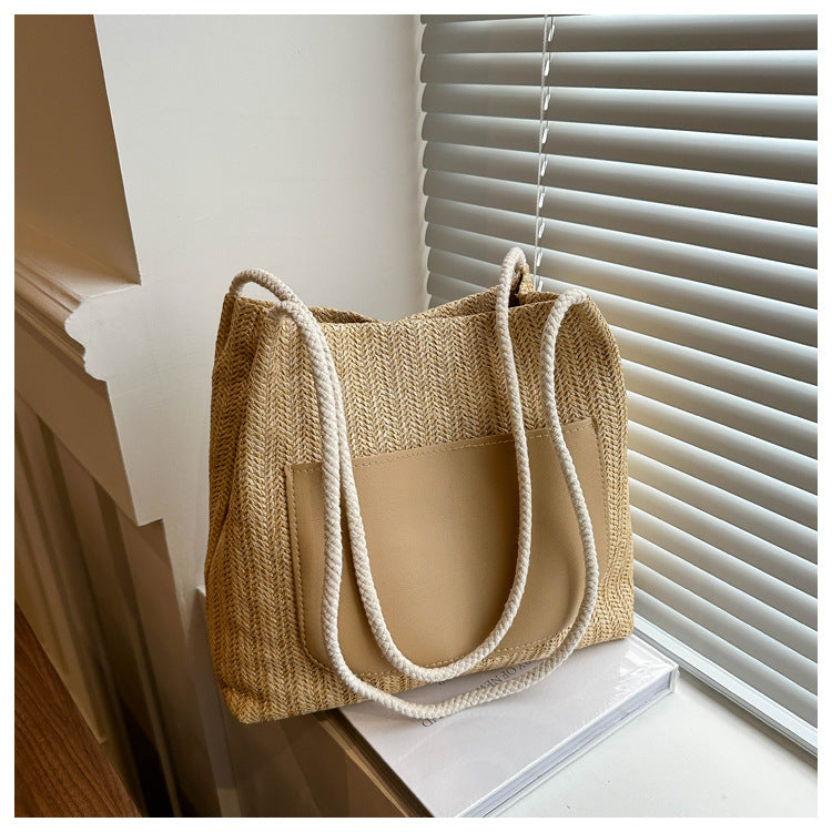 Women Summer Simple Straw Woven Large Capacity Shoulder Tote Bag