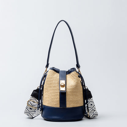 Women Bohemian Grass Woven Wide-Brimmed Jacquard Strap Drawstring Shoulder Bag