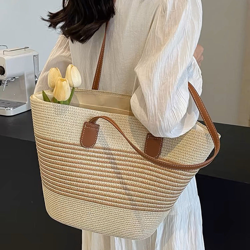 Summer Women Fashionable Stripe Straw Woven Large Capacity Tote Bag