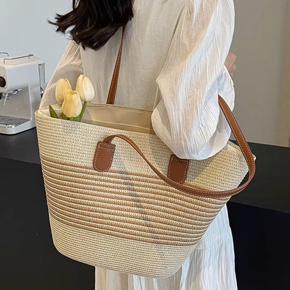 Summer Women Fashionable Stripe Straw Woven Large Capacity Tote Bag