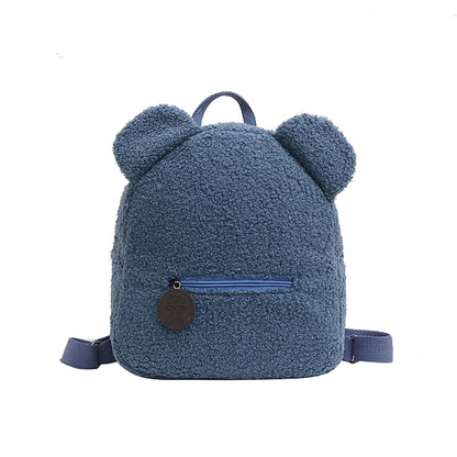 Women Cute Bear Shape Zipper Design Solid Color Plush Backpack