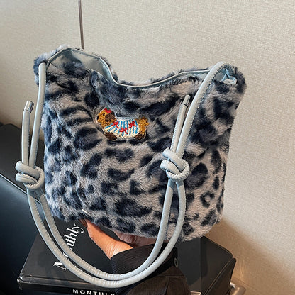 Sac à bandoulière en peluche léopard grande capacité pour femme 