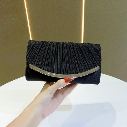 Women Fashion Simple Solid Color Pleated Chain Evening Bag