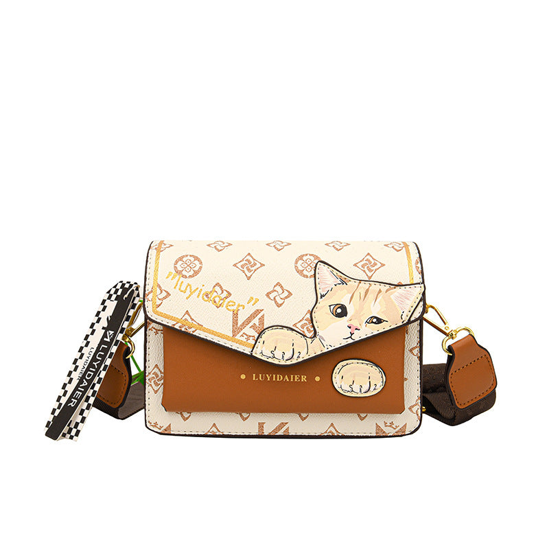 Women Fashion Cartoon Cat Print Flap Square Crossbody Bag