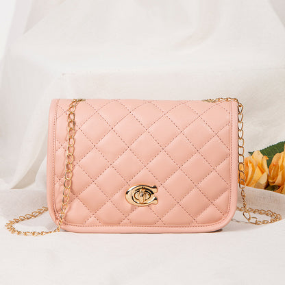 Women Fashion Simple Solid Color Metal Buckle Flap Quilted Square Chain Crossbody Bag