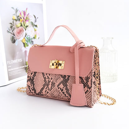 Women Vintage Flap Buckle Design Snake Pattern PU Crossbody Bag