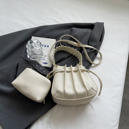 Women Fashionable Simple Solid Color Creased Strap PU Bucket Crossbody Bag