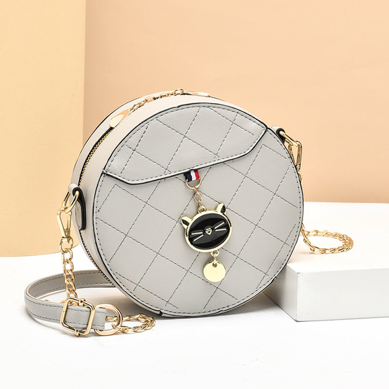 Women Fashionable Solid Color Rhombic Embroidery Cat Pendant Round Chain Crossbody Bag