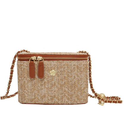 Women Fashion Simple Straw Woven Zipper Square Crossbody Bag