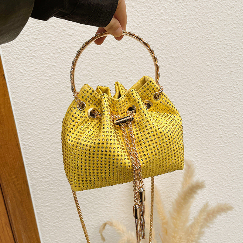 Women Fashion Fine Flash Rhinestone Tassel Drawstring Bucket Crossbody Bag