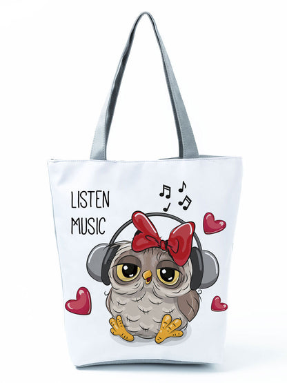 Simple White Creative Cartoon Owl Print Shopping Bag