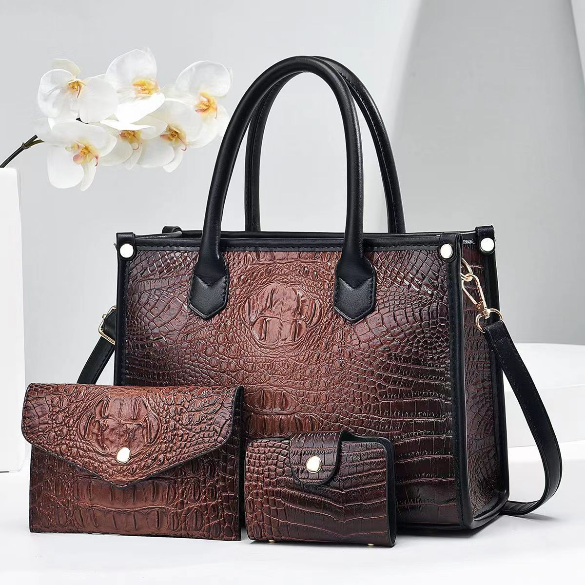 Women'S Vintage Crocodile-Embossed Large-Capacity Handbag Three-Piece Set