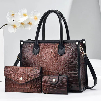 Women'S Vintage Crocodile-Embossed Large-Capacity Handbag Three-Piece Set