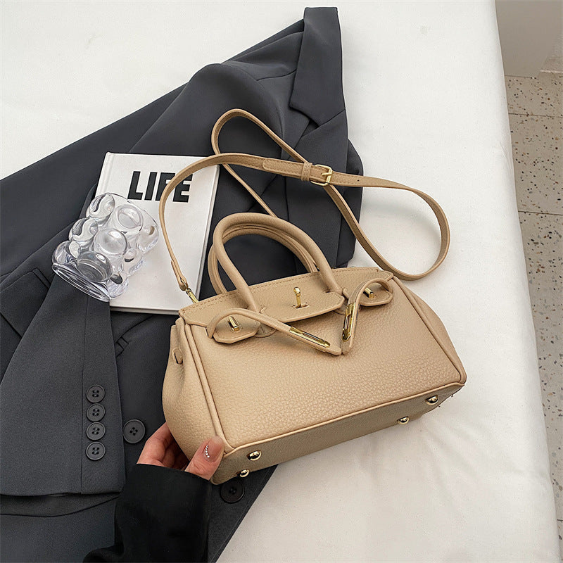 Women Fashion Solid Color Lock PU Handle Shoulder Bag