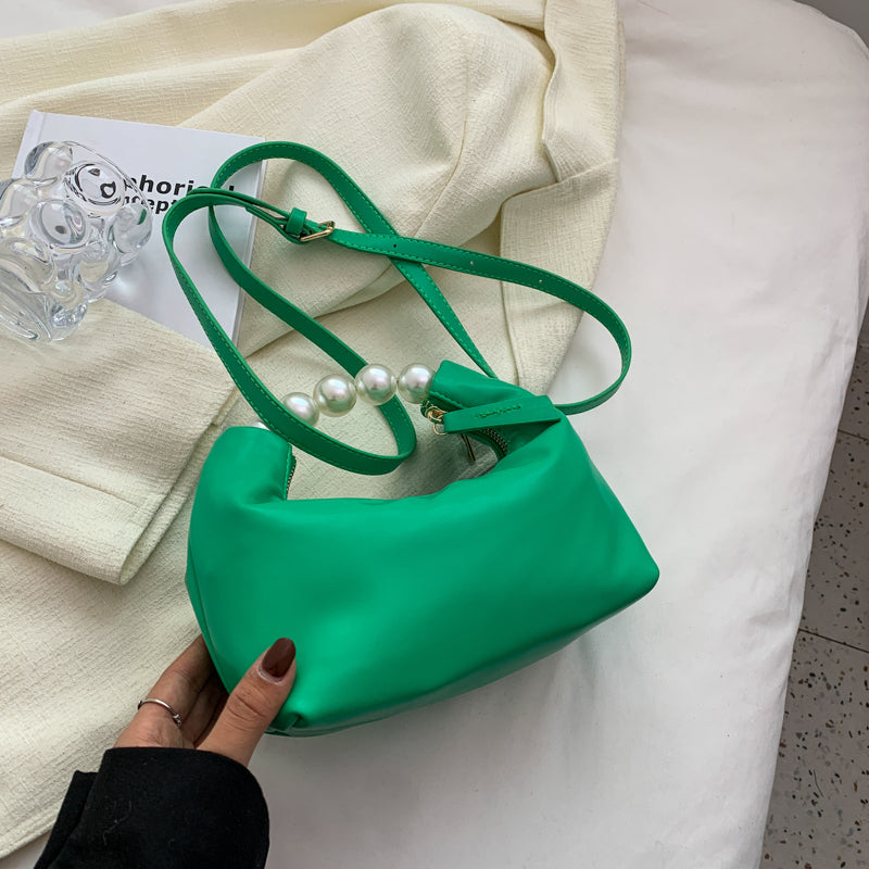 Women Chic Beaded Zipper Design Solid Color PU Handle Bag