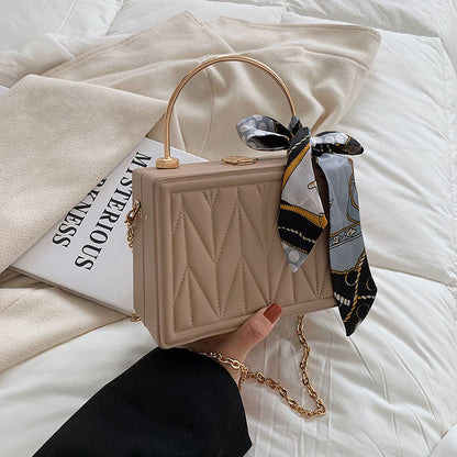 Women Fashion Elegant PU Silk Scarf Solid Color Square Chain Shoulder Clutch Bag