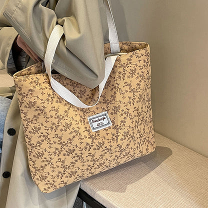 Women Fashion Casual Corduroy Floral Printed Large-Capacity Tote Bag