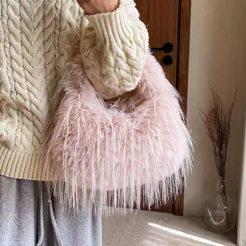 Sac à bandoulière en peluche avec pompon et poignée en chaîne pour femme, mode automne-hiver 