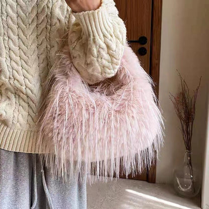 Sac à bandoulière en peluche avec pompon et poignée en chaîne pour femme, mode automne-hiver 
