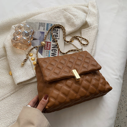 Women Basic Flap Buckle Design Rhombus Stitching Solid Color PU Shoulder Bag