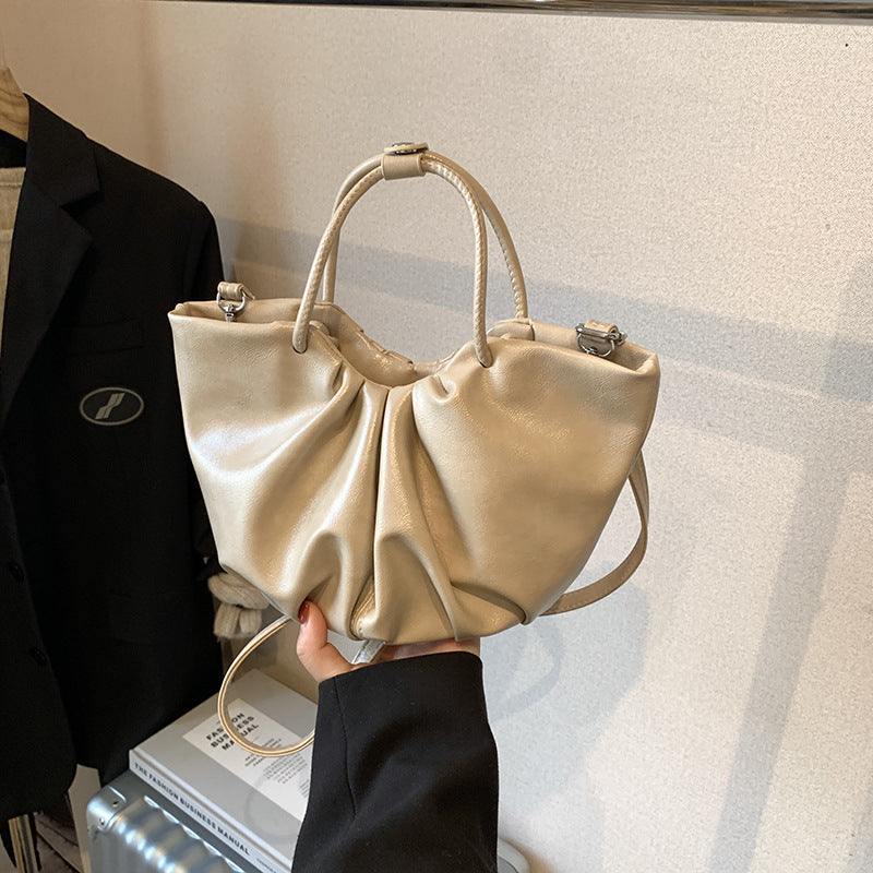 Sac à main plissé en cuir ciré à l'huile de couleur unie rétro pour femme 
