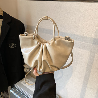 Sac à main plissé en cuir ciré à l'huile de couleur unie rétro pour femme 
