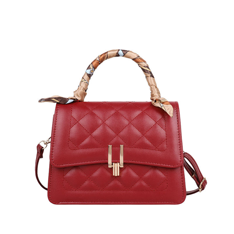 Women Elegant Silk Scarf Decorated Flap Buckle Design Rhombus Stitching Solid Color PU Crossbody Bag