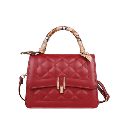 Women Elegant Silk Scarf Decorated Flap Buckle Design Rhombus Stitching Solid Color PU Crossbody Bag