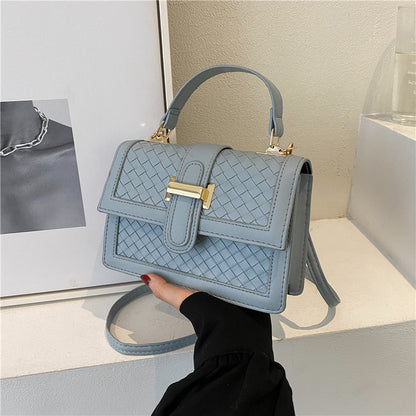 Women Fashion Solid Color Woven Rhomboid Flap PU Crossbody Bag