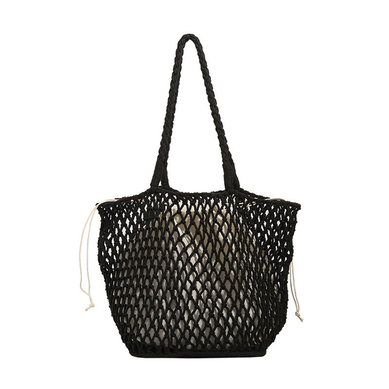 Women Casual Solid Color Hollow Woven Large Capacity Tote Shoulder Bag