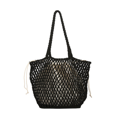 Women Casual Solid Color Hollow Woven Large Capacity Tote Shoulder Bag