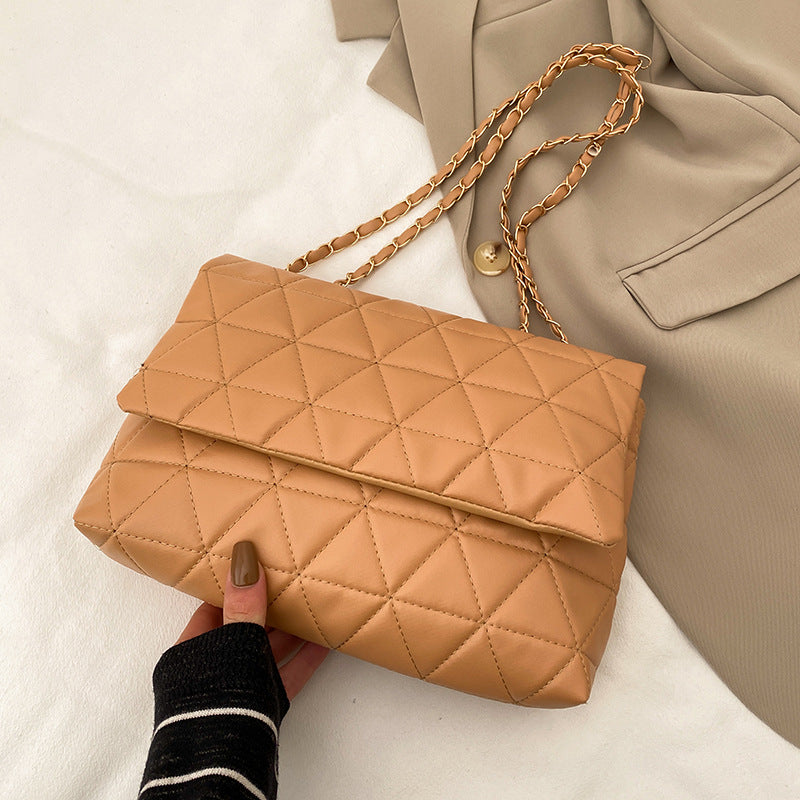 Women Casual Chain Design Solid Color Rhombus Large Capacity PU Shoulder Bag