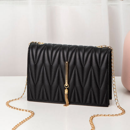 Women Fashion Tassel Decorative Pleated Design Flap PU Crossbody Bag