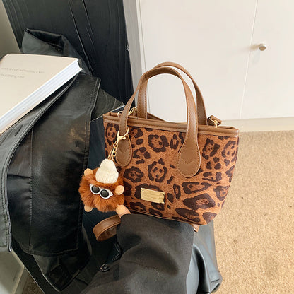 Women Fashion Casual Leopard Pendant Frosted Suede Shoulder Handbag