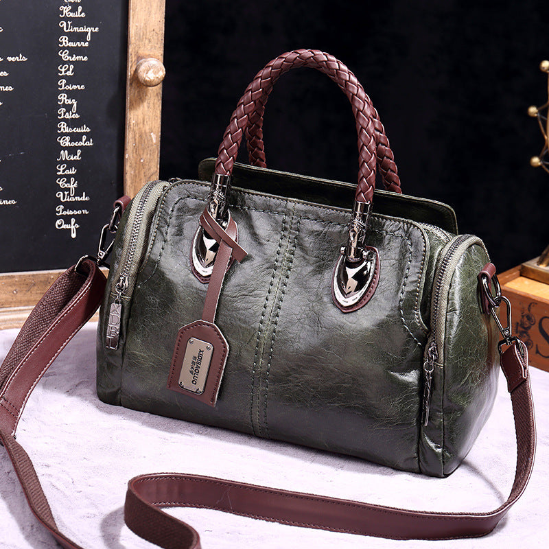 Women Fashion Retro Zip PU Woven Handle Shoulder Bag