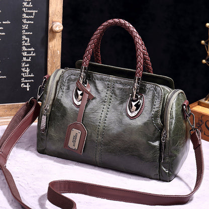Women Fashion Retro Zip PU Woven Handle Shoulder Bag