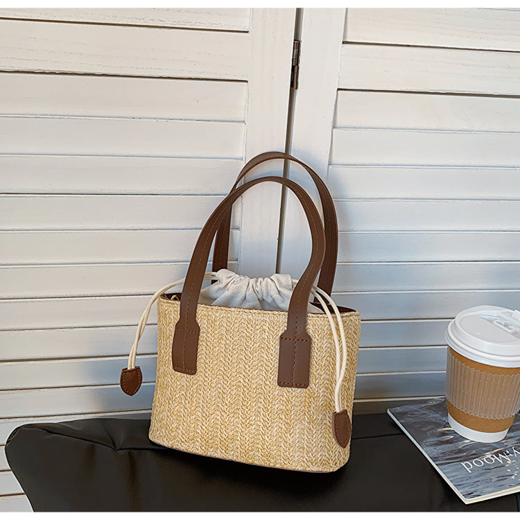 Sac à bandoulière en paille tissée décontractée pour femme, à la mode, avec cordon de serrage, pour l'été 