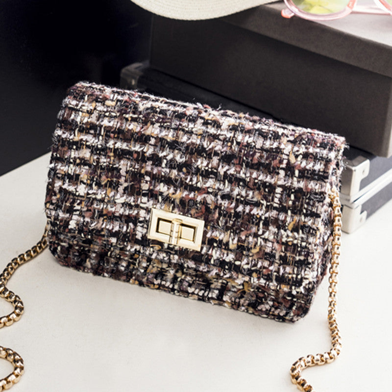 Women Fashionable Woolen Plaid Flap Lock Square Chain Crossbody Bag