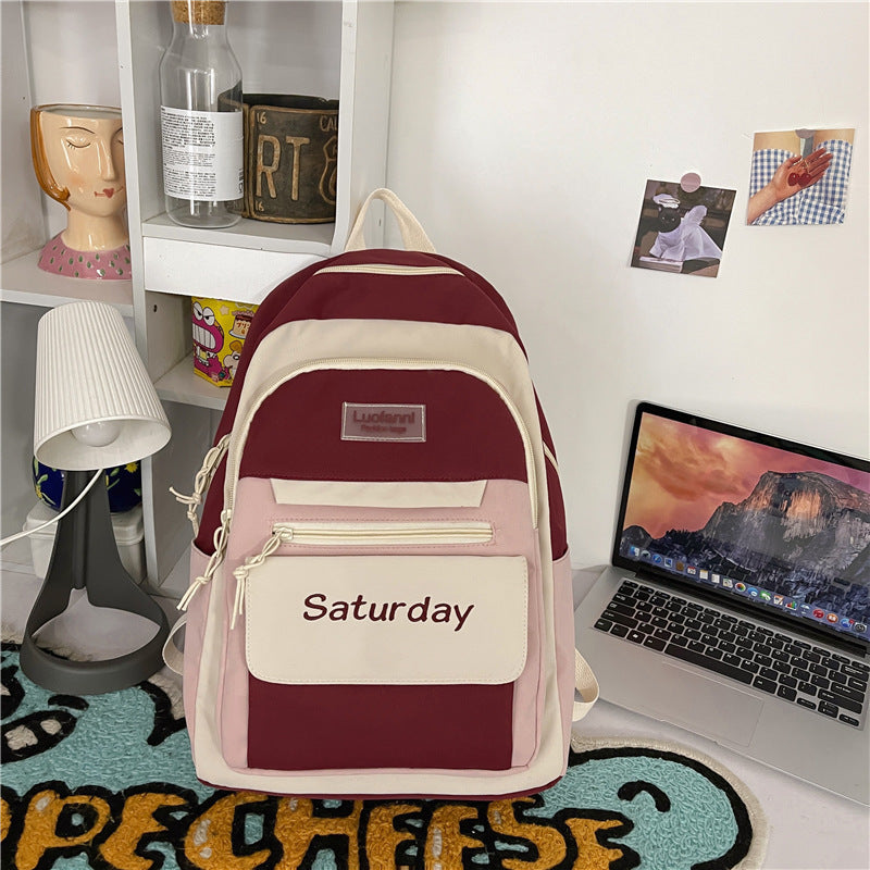 Women Casual Multi Pocket Design Letter Pattern Color Blocking Canvas Large Capacity Backpack
