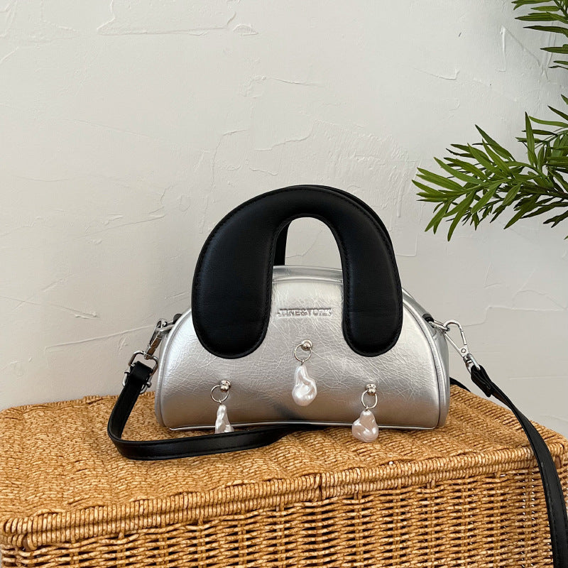 Women Fashion Contrast Color Pendant Saddle Handbag