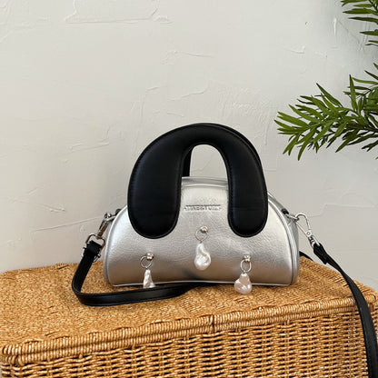 Women Fashion Contrast Color Pendant Saddle Handbag