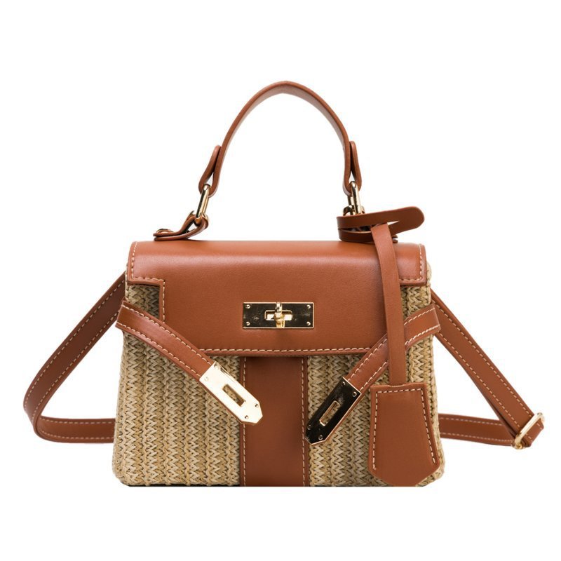 Women Trendy Woven Flap Buckle Design Color Blocking Straw Crossbody Bag