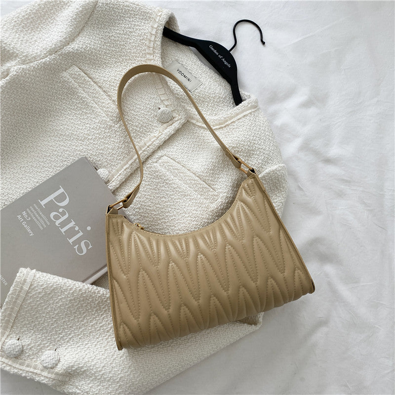 Women Basic Zipper Crease Design Solid Color PU Underarm Bag