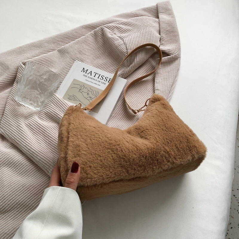Sac à bandoulière en peluche de couleur unie pour femme, décontracté, à la mode, automne et hiver 